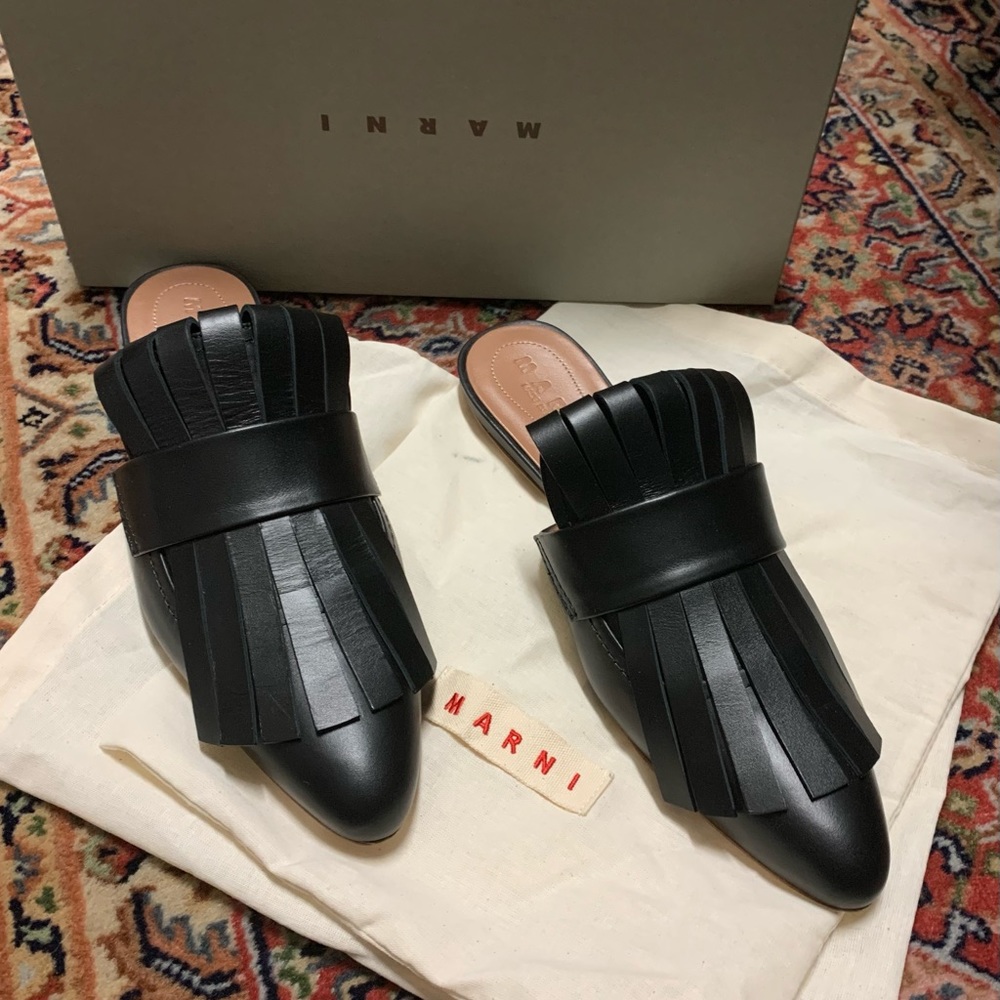 Marni Sabot Fringe Mules- Black